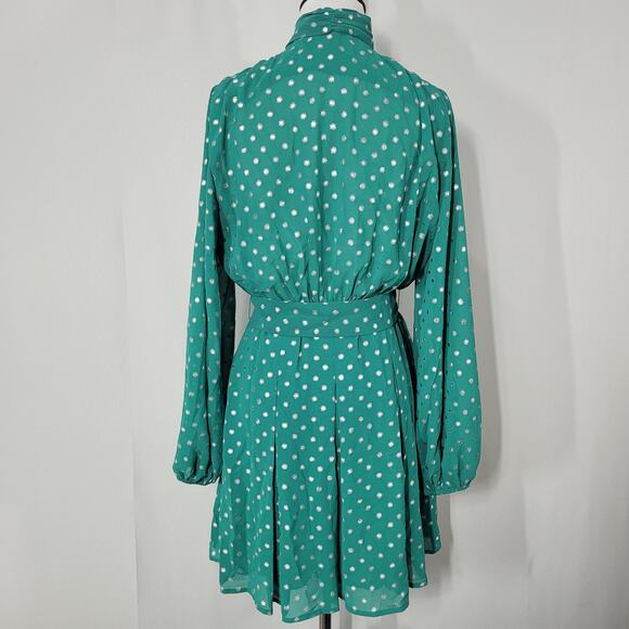 Yumi Kim Kelly Green Neck Tie Mini Dress Silver Polka Dots and Belt Size Small - Picture 2 of 8